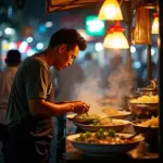 Hanoi street food vendor cooking Pho