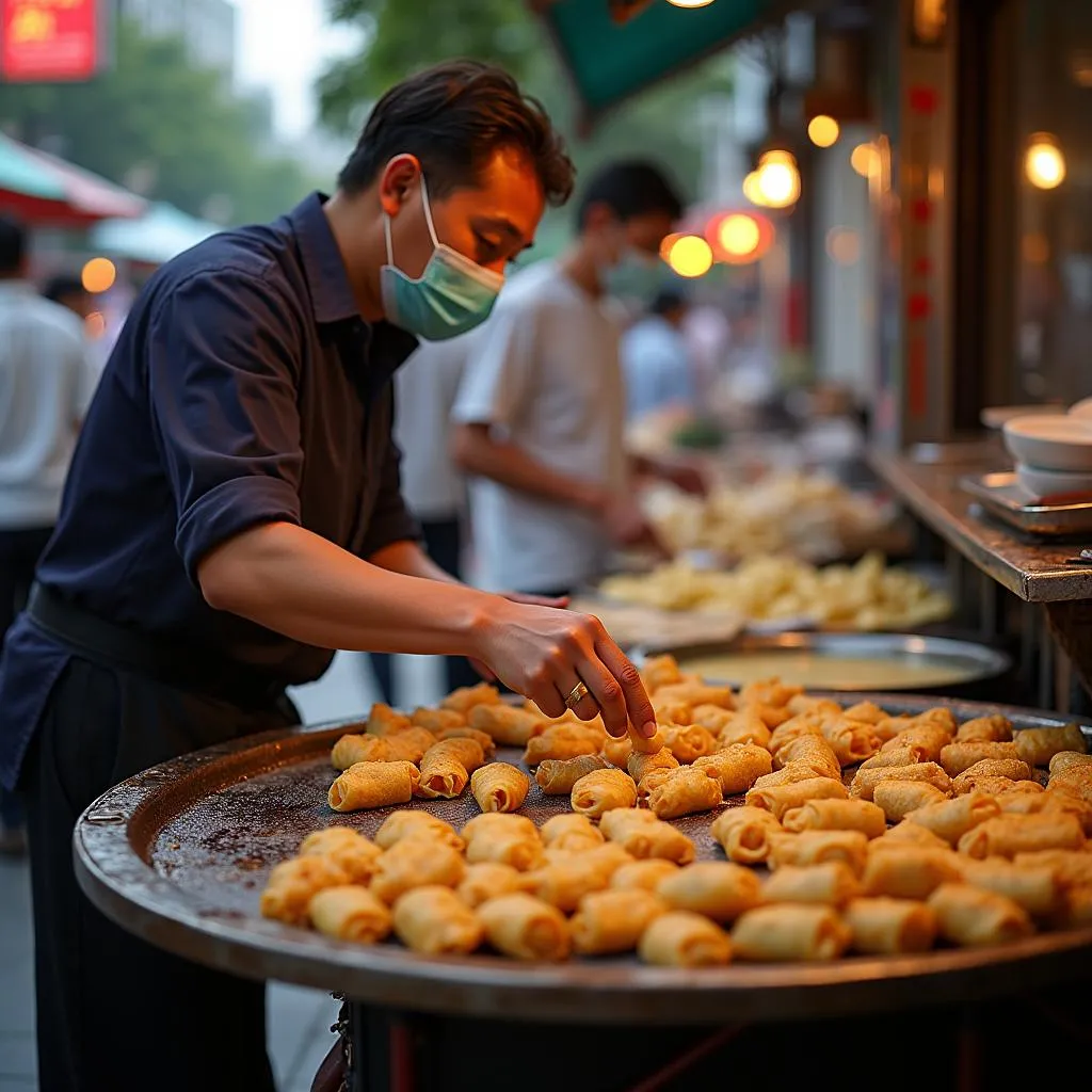 Street Food Vendor Preparing Golden Spring Rolls