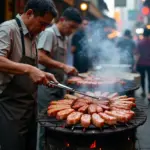 Hanoi street food vendor grilling meat over charcoal