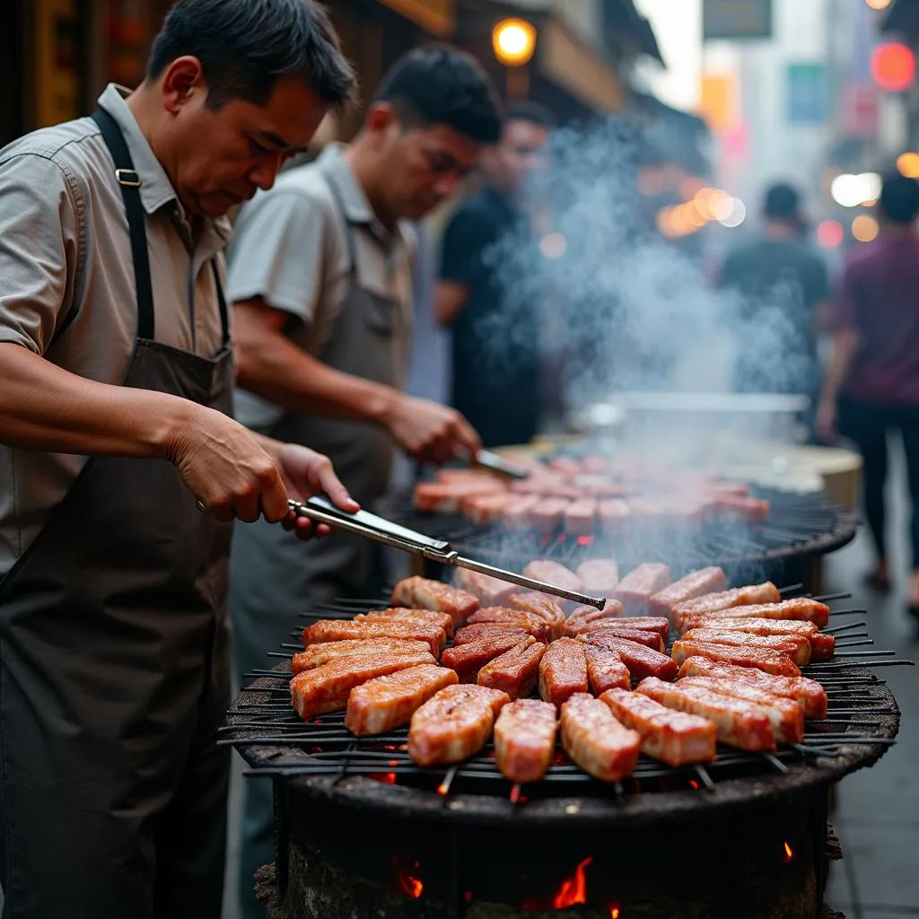 Hanoi street food vendor grilling meat over charcoal