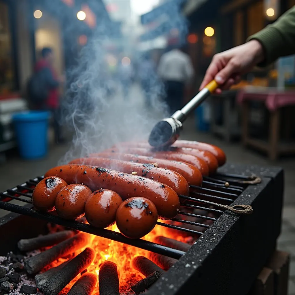 Hanoi street food vendor grilling sausage on a charcoal grill