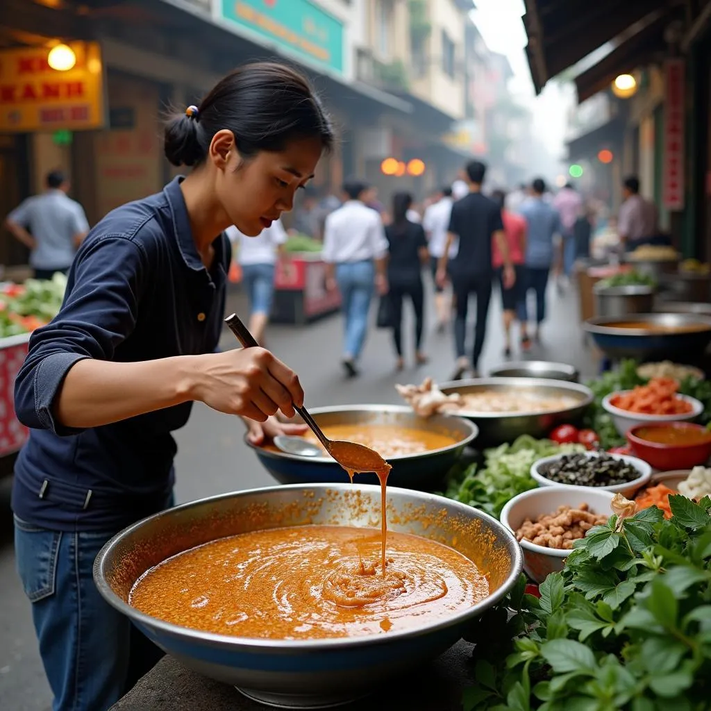 Hanoi street food vendor preparing sesame sauce