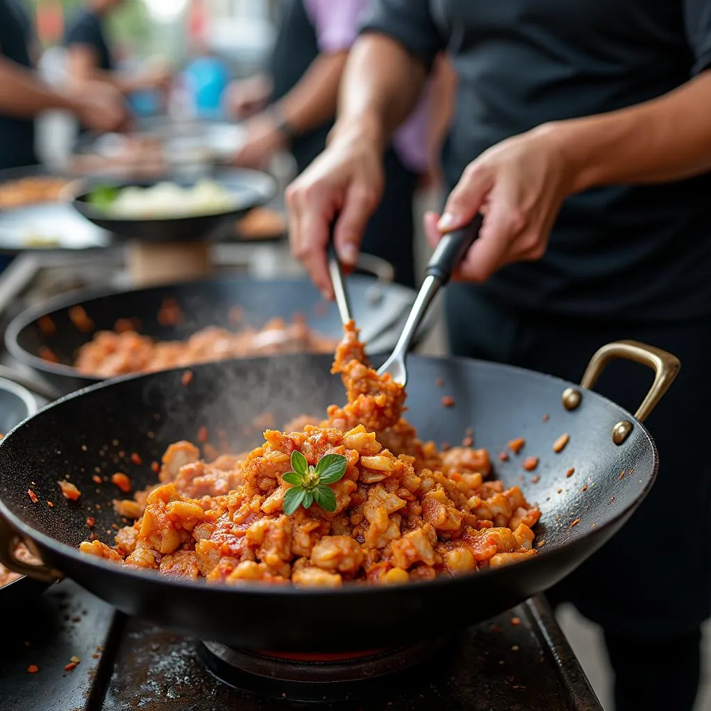 Hanoi street food vendor preparing black chicken dish