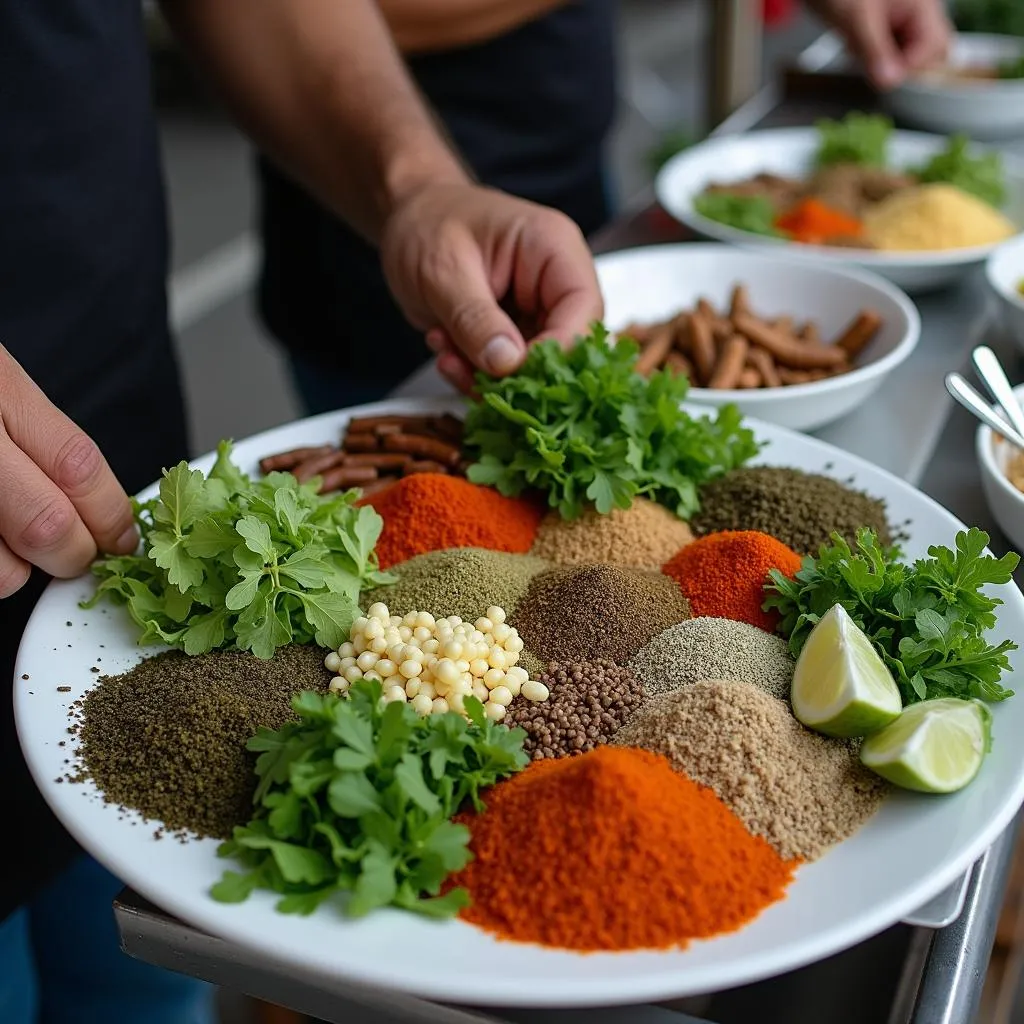 Hanoi street food vendor meticulously prepares an edible art dish