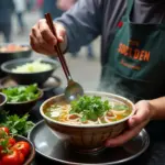 Hanoi street food vendor preparing a bowl of Pho