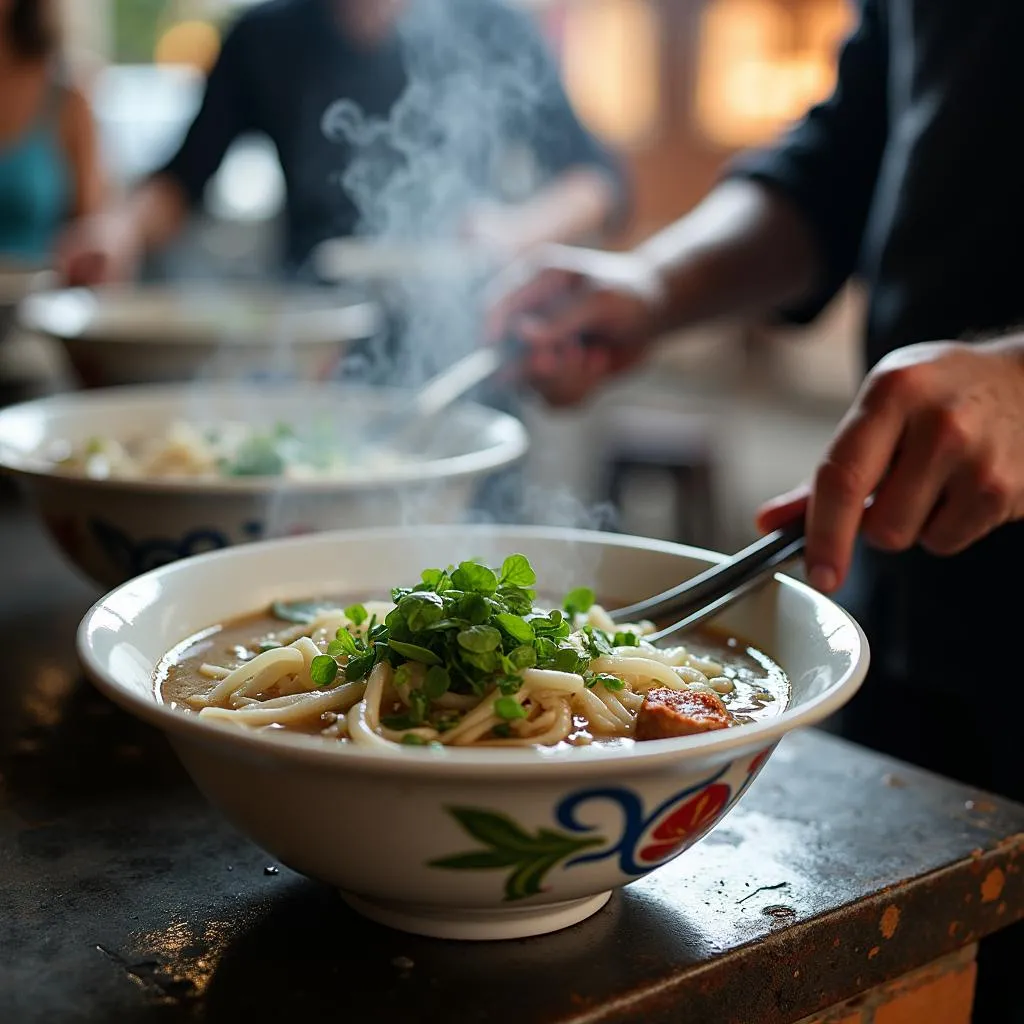 Hanoi street food vendor preparing a bowl of Pho