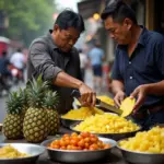 Hanoi street food vendor preparing a dish with pineapple