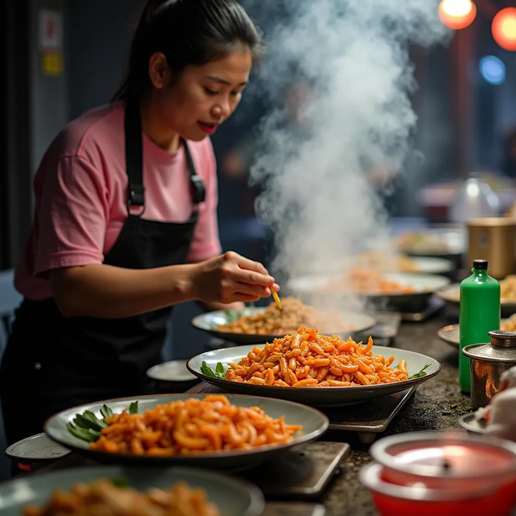 Hanoi street food vendor preparing a dish with tuong hot