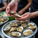 Hanoi street food vendor preparing fresh oysters