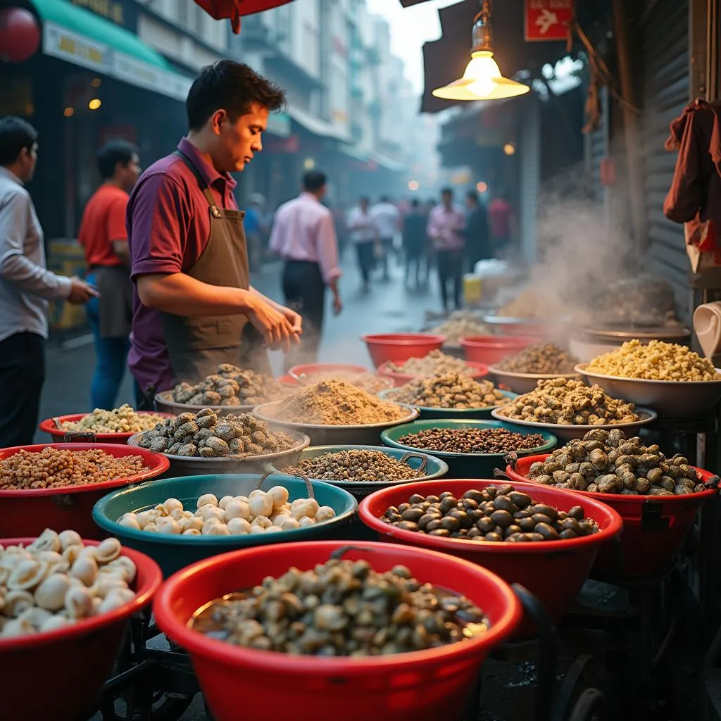 Hanoi street food vendor selling fresh seafood