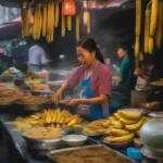 Street food vendor in Hanoi selling ripe banana dishes