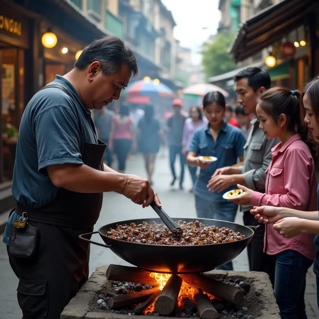 A street food vendor in Hanoi prepares stink bugs.