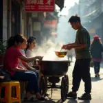 Hanoi street food vendor serving porridge