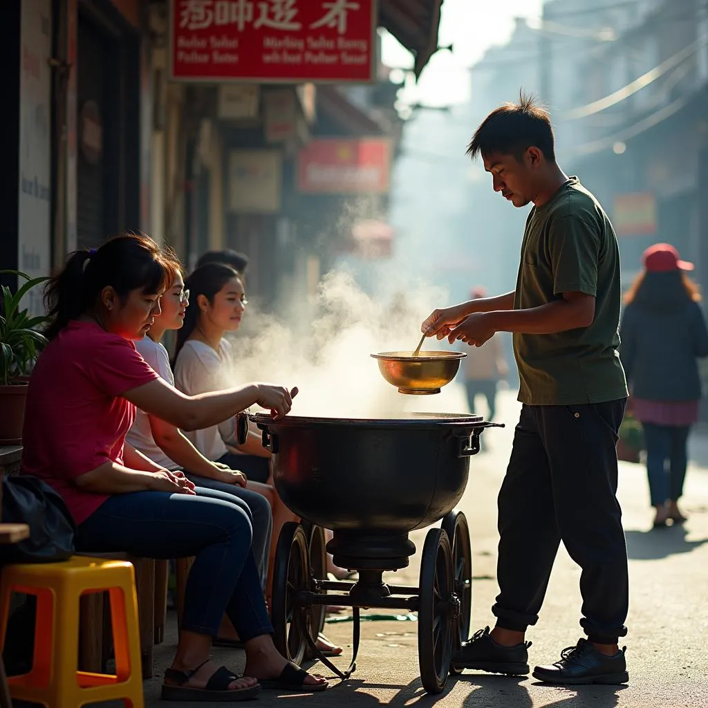 Hanoi street food vendor serving porridge