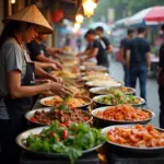 Hanoi street food vendors preparing various dishes