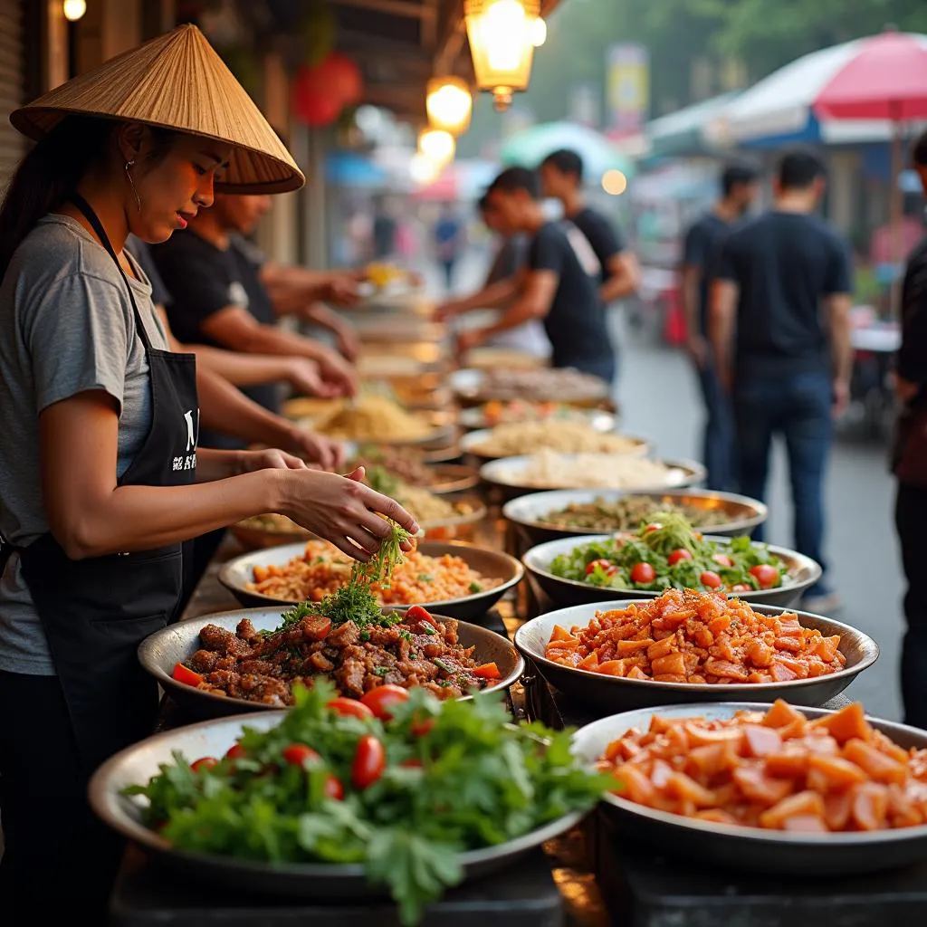 Hanoi street food vendors preparing various dishes