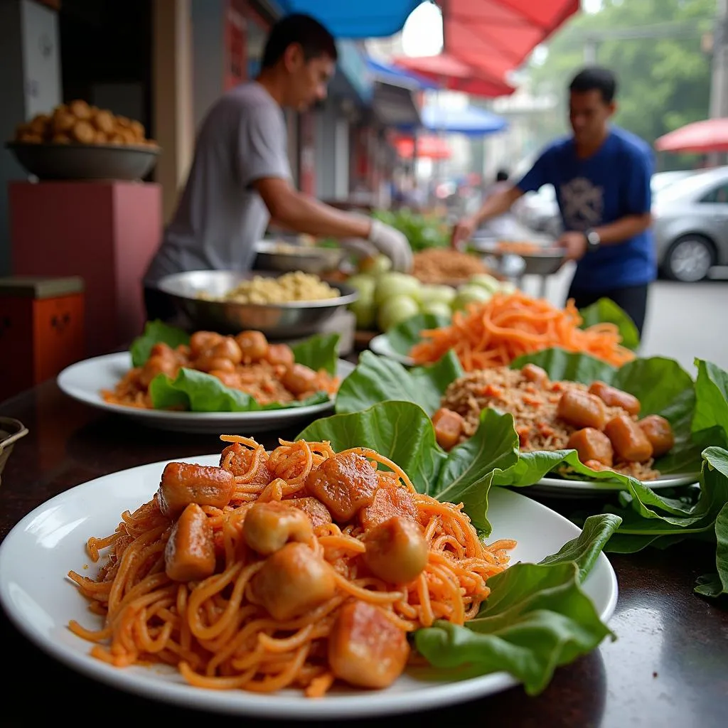 Hanoi street food vendors preparing dishes