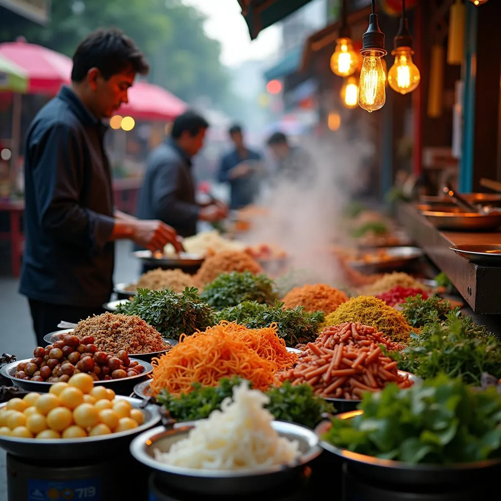 Busy street food scene in Hanoi Old Quarter with vendors preparing and serving traditional Vietnamese dishes