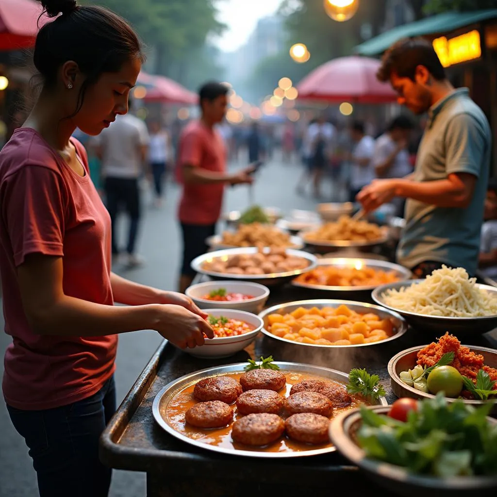 Hanoi street food vendors preparing bun cha and banh mi