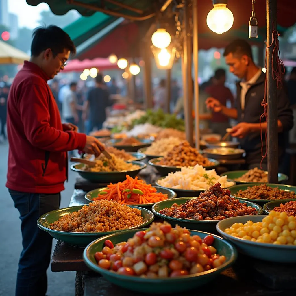 Hanoi street food vendors preparing dishes