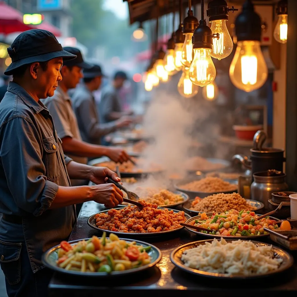 Hanoi street food vendors preparing dishes