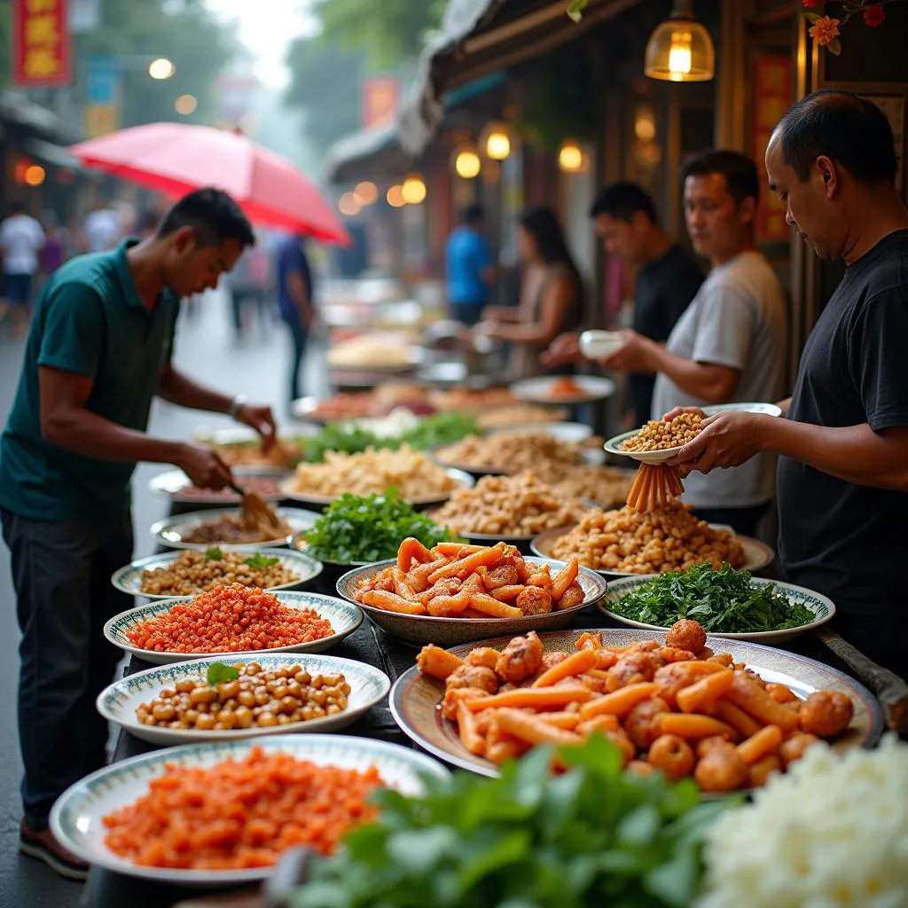 Hanoi street food vendors preparing fresh dishes