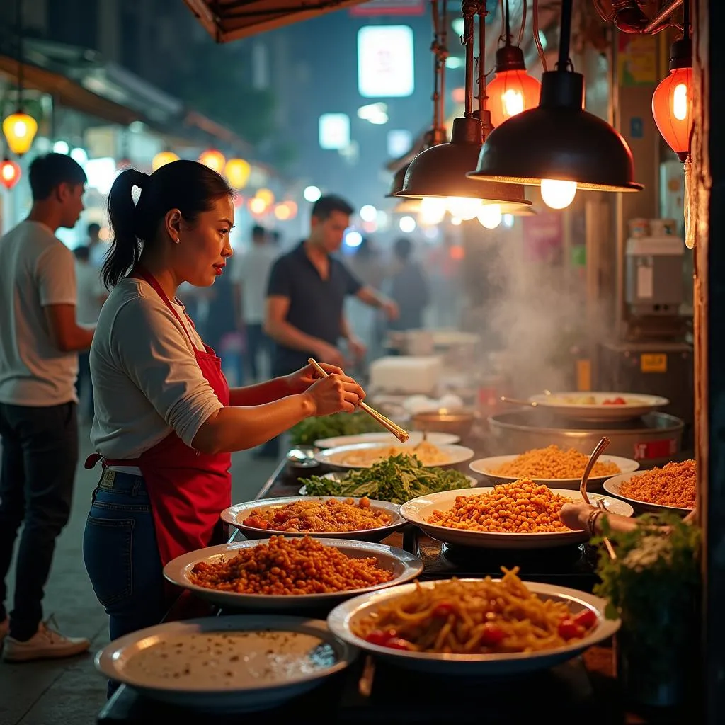 Hanoi street food vendors preparing various dishes