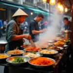 Hanoi street food vendors preparing and serving dishes