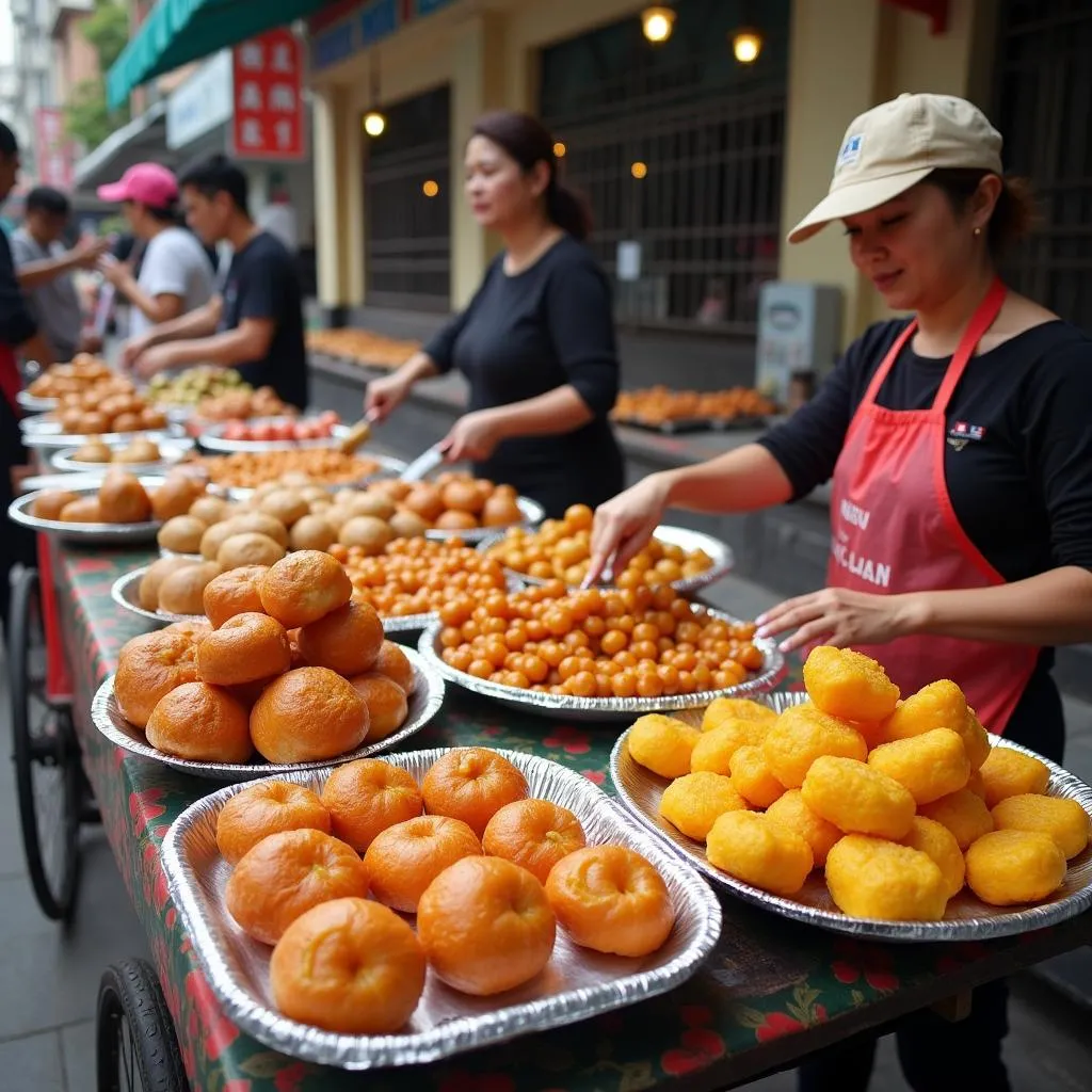 Hanoi street food vendors preparing colorful treats