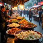 Hanoi street food vendors preparing dishes