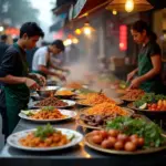 Hanoi street food vendors preparing dishes