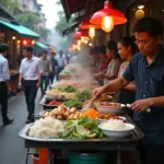 Hanoi street food vendors preparing various dishes