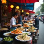 Hanoi street food vendors preparing and serving traditional dishes