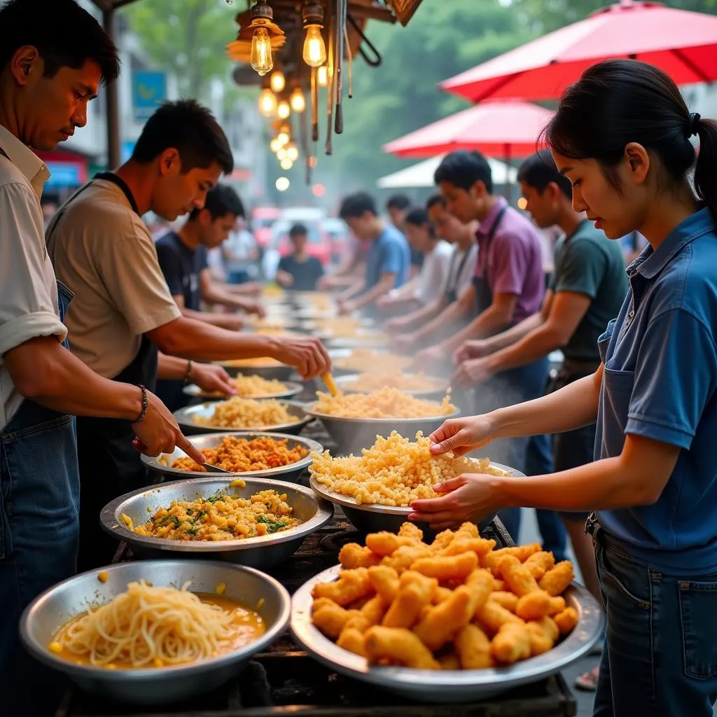 Hanoi street food vendors preparing and serving various dishes