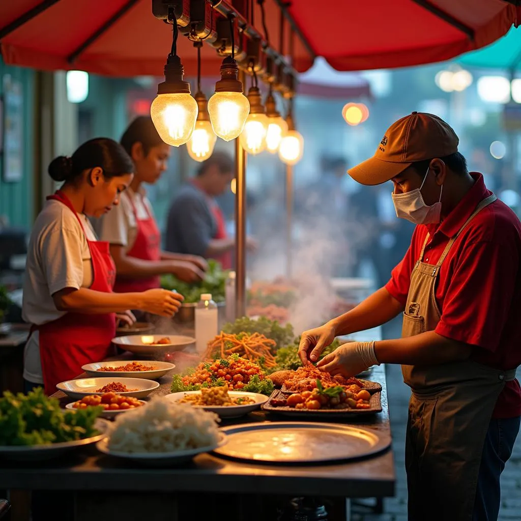 Hanoi street food vendors preparing food