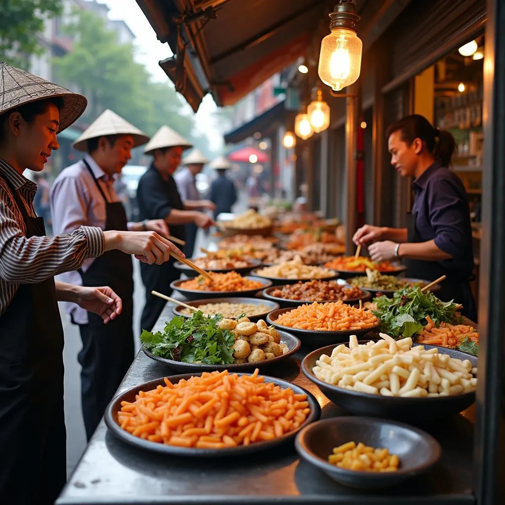 Hanoi street food vendors preparing dishes