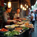 Hanoi street food vendors preparing dishes