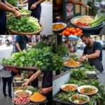 Hanoi street food vendors preparing fresh dishes