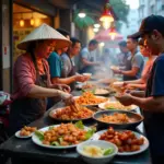 Hanoi street food vendors preparing and serving various dishes