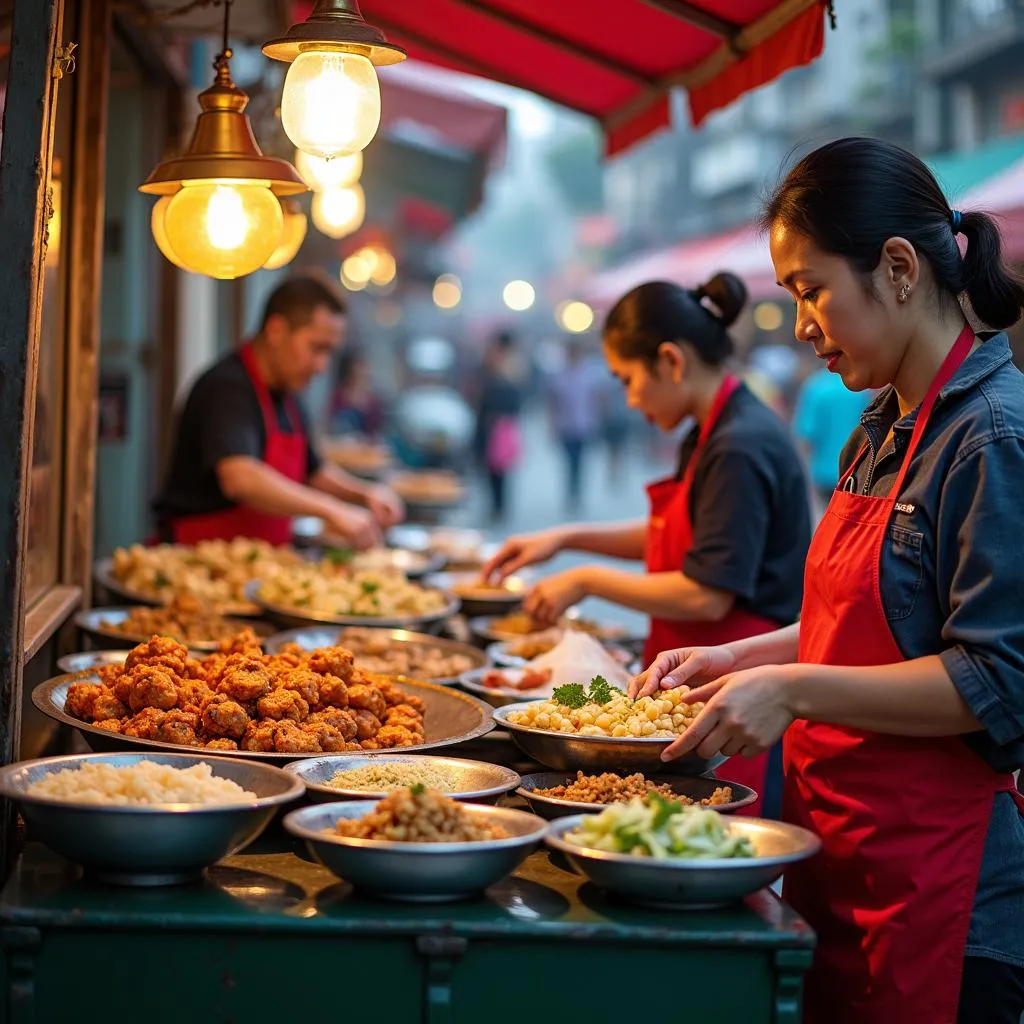 Hanoi street food vendors preparing food