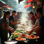 Hanoi street food vendors serving traditional dishes