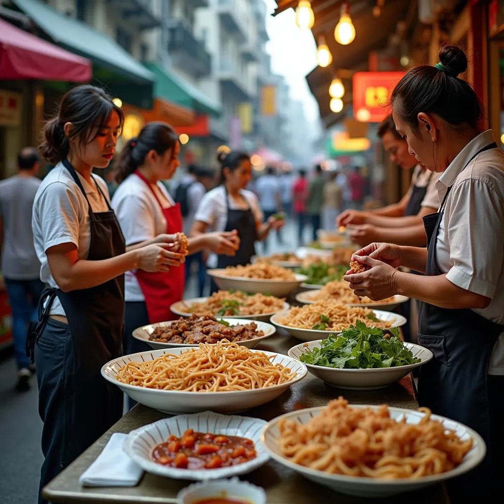 Hanoi street food vendors preparing various dishes