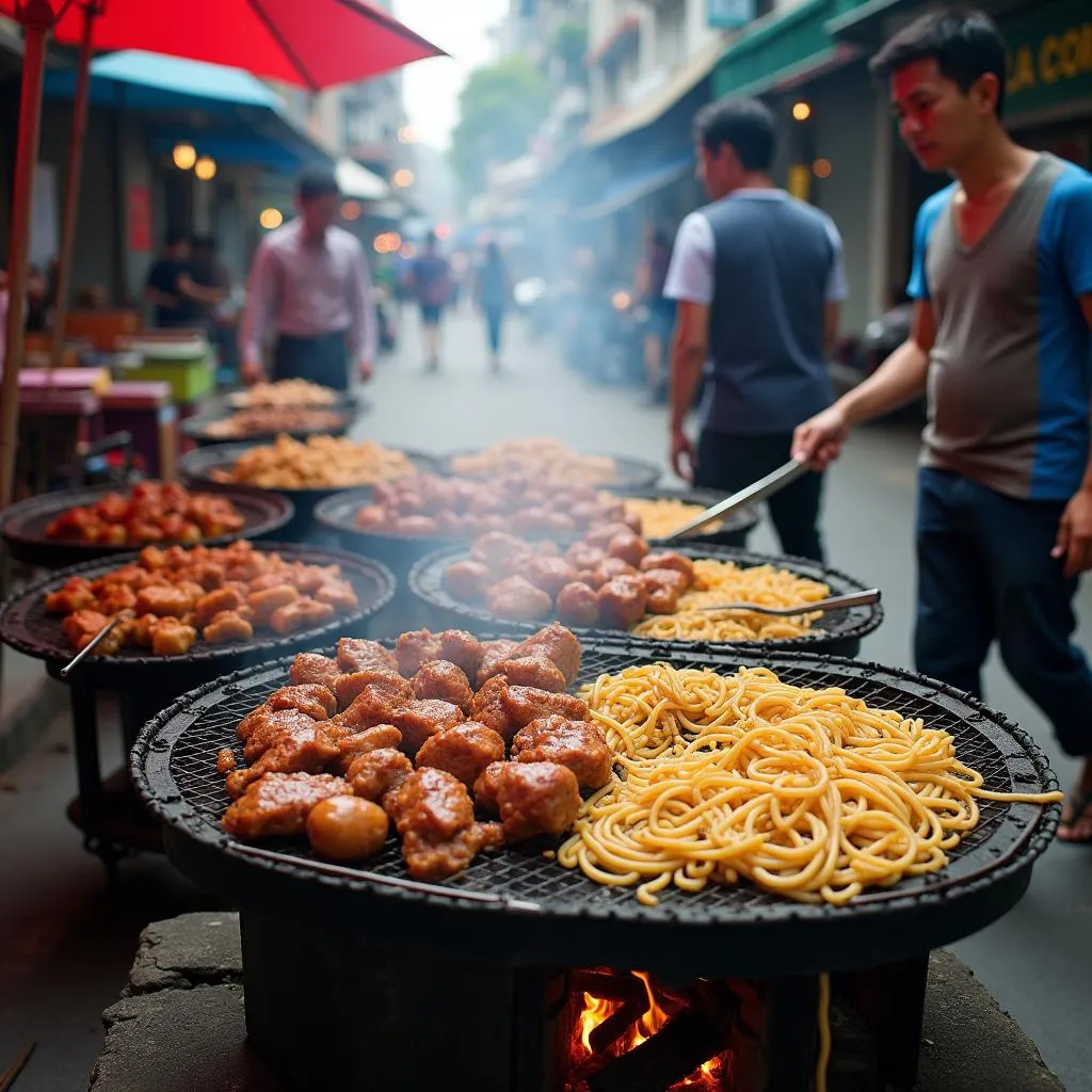 Hanoi street food vendors grilling meat and noodles