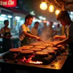 Hanoi street food vendors grilling pork for Bun Cha