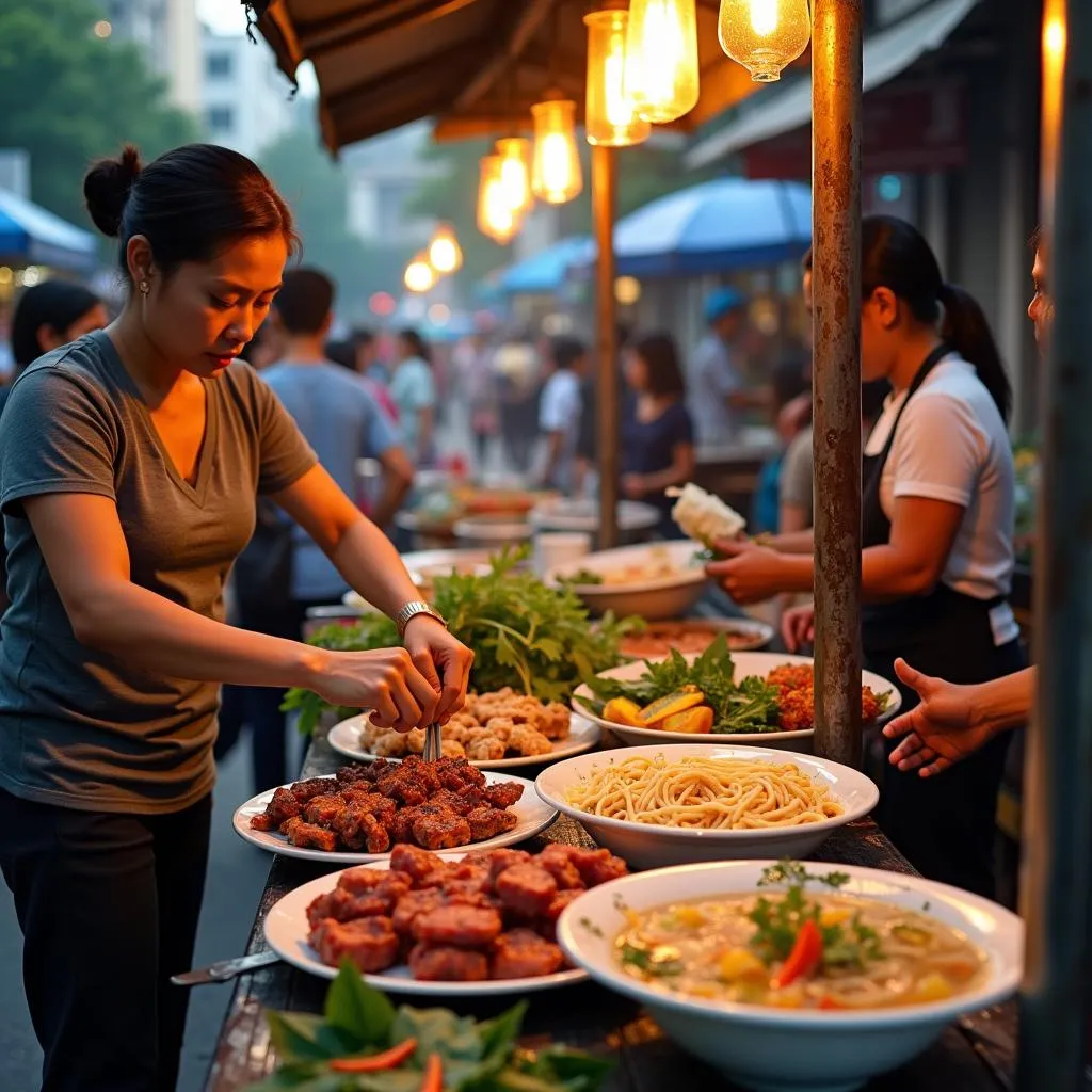 Hanoi street food vendors selling bun cha and pho