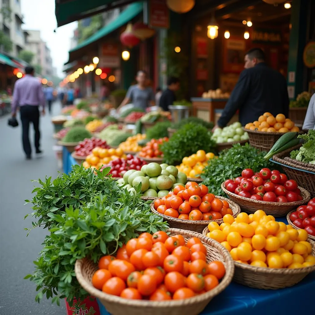 Hanoi Street Food Vendors Selling Fresh Produce and Herbs