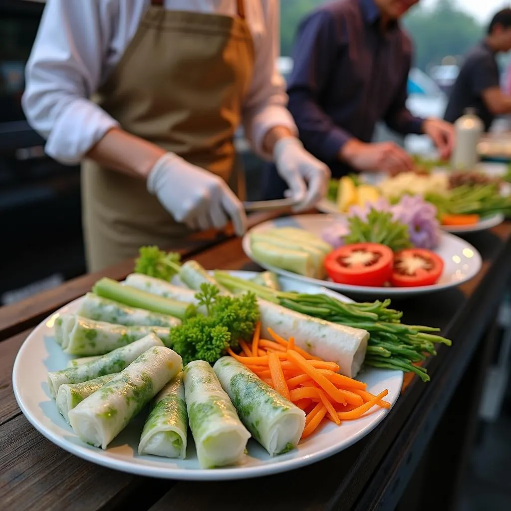 Hanoi Street Food Vendors Making Spring Rolls