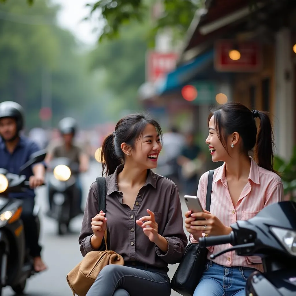 Friends socializing amidst Hanoi's vibrant street life