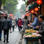 Hanoi street life with lottery vendor