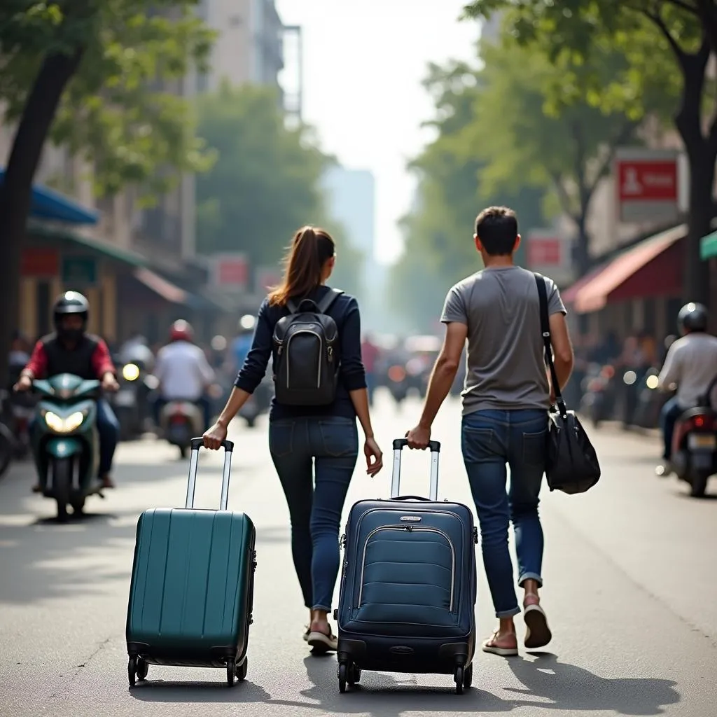 Tourists pulling rolling suitcases on a Hanoi street